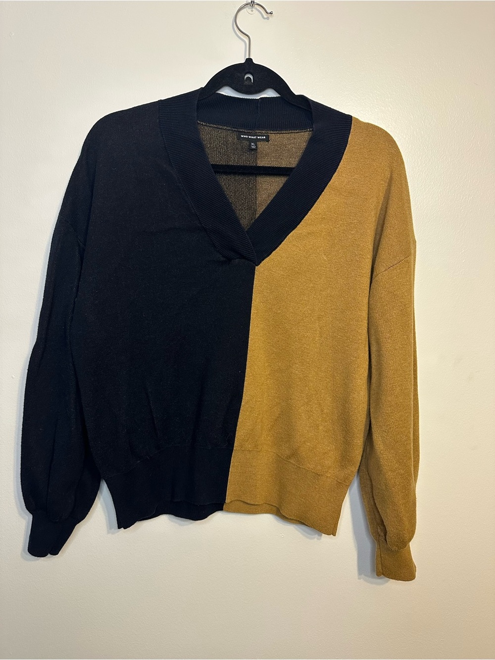 Two-Tone Black and Mustard V-Neck Sweater